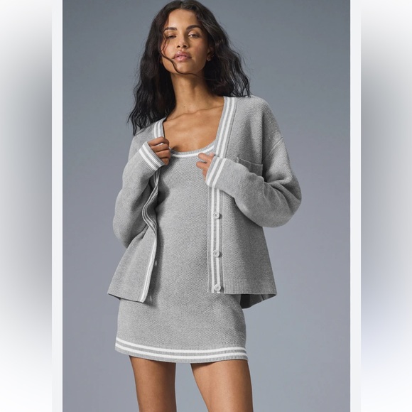 NEW ALO Tennis Club Sweater Knit Cardigan Athletic Heather Grey / White XS - Picture 1 of 6
